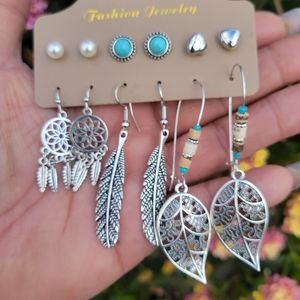Silver Turquoise Bohemian Earrings 6 Pair Boho Earrings Hippie Earrings
